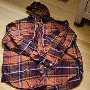 Maurices Plaid Flannel Hooded Button-Up Shirt in Rust, Plum & Blue